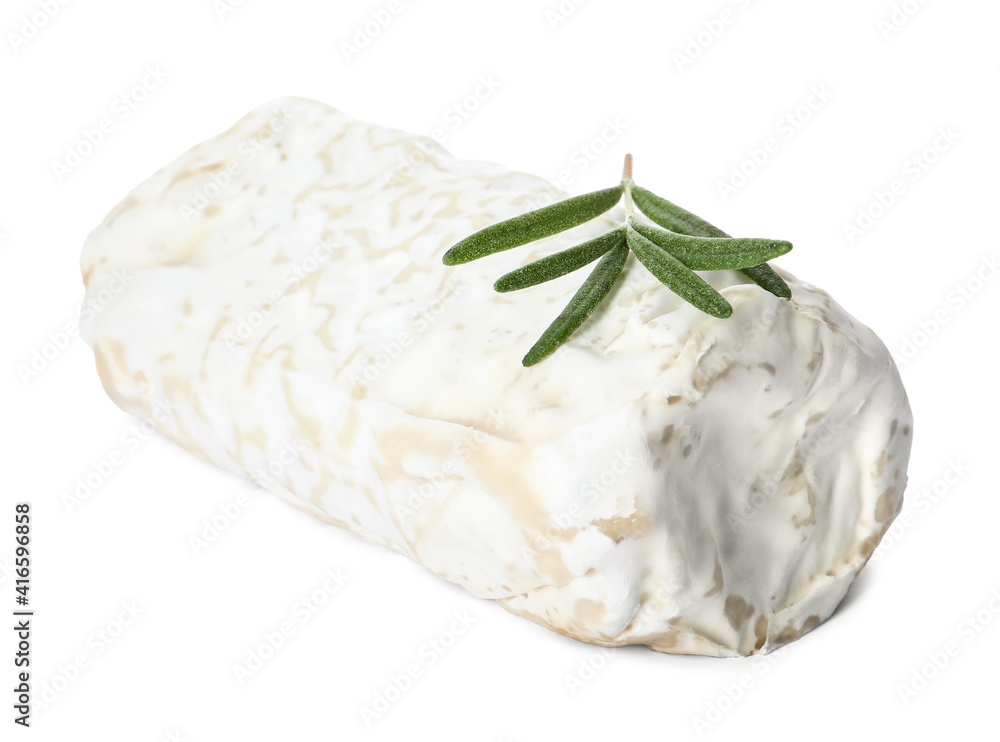 Delicious fresh goat cheese with rosemary on white background