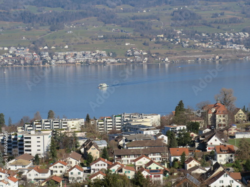 View of the village of Horgen and Lake Zürich (Zürichsee or Lake Zuerichsee) from the hill Horgenberg - Canton of Zürich (Zuerich or Zurich), Switzerland (Schweiz) photo