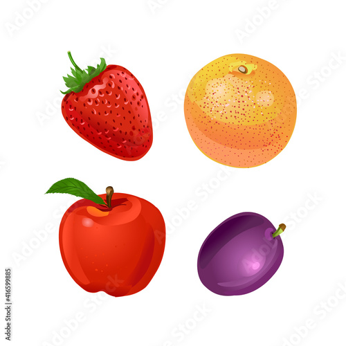Fruit. Orange, peach, pear, grapes. Vector illustration isolated on white background.