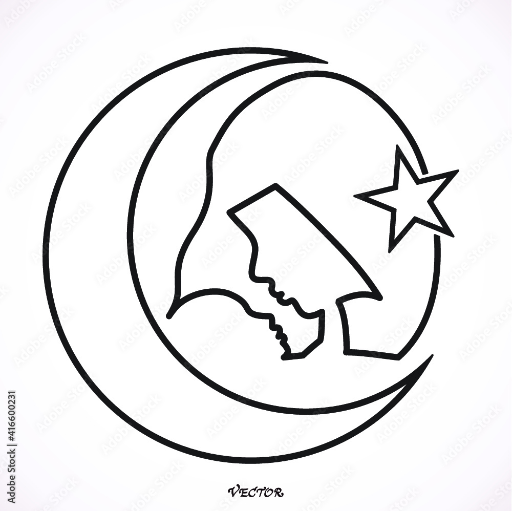 Young veiled Muslim woman with baby. Islam symbol. Moon and star icon isolated on white background. Icon Isolated on White Background. Flat style Young veiled Muslim woman with baby. Islam symbol. Moon and star icon isolated on white background. Icon Isolated on White Background. Flat style