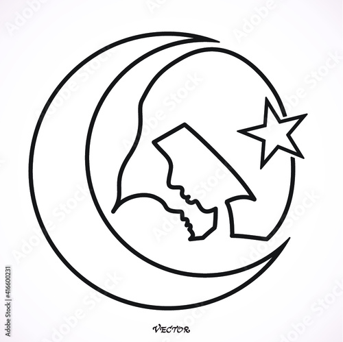 Young veiled Muslim woman with baby.  Islam symbol. Moon and star icon isolated on white background. Icon Isolated on White Background. Flat style