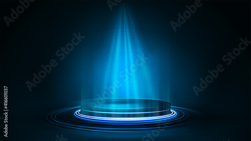 Empty blue podium for product presentation, 3d realistic vector neon illustration. Blue digital neon podium shiny rings in dark room