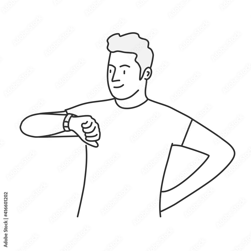 Young man looks at watch. Hand drawn vector illustration.