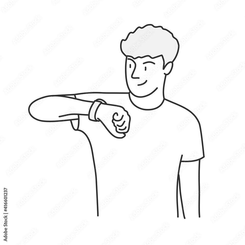 Smiling guy uses electronic wristwatch. Hand drawn vector illustration.