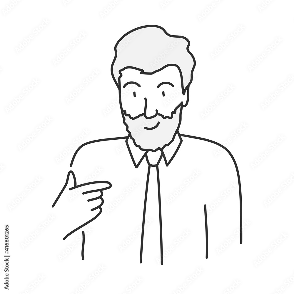 Businessman with a beard points to himself. Are you talking about me? Hand drawn vector illustration. Businessman with a beard points to himself. Are you talking about me? Hand drawn vector illustration.