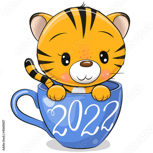 Cartoon Tiger is sitting in a blue Cup