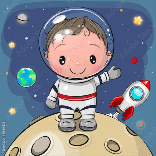 Boy astronaut on the moon on a space background