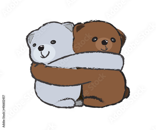White and blown teddy bears hugging on white background. Vector illustration. 