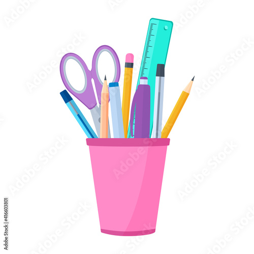 Vector illustration Office equipment pen holder. A set of bright office supplies in a flat cup. Bright Colored Pen Carandashi Scissors Ruler. Isolated on white background

