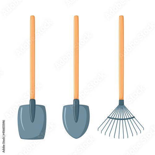 Vector illustration set of shovels and rakes isolated on white background. Gardening tools
