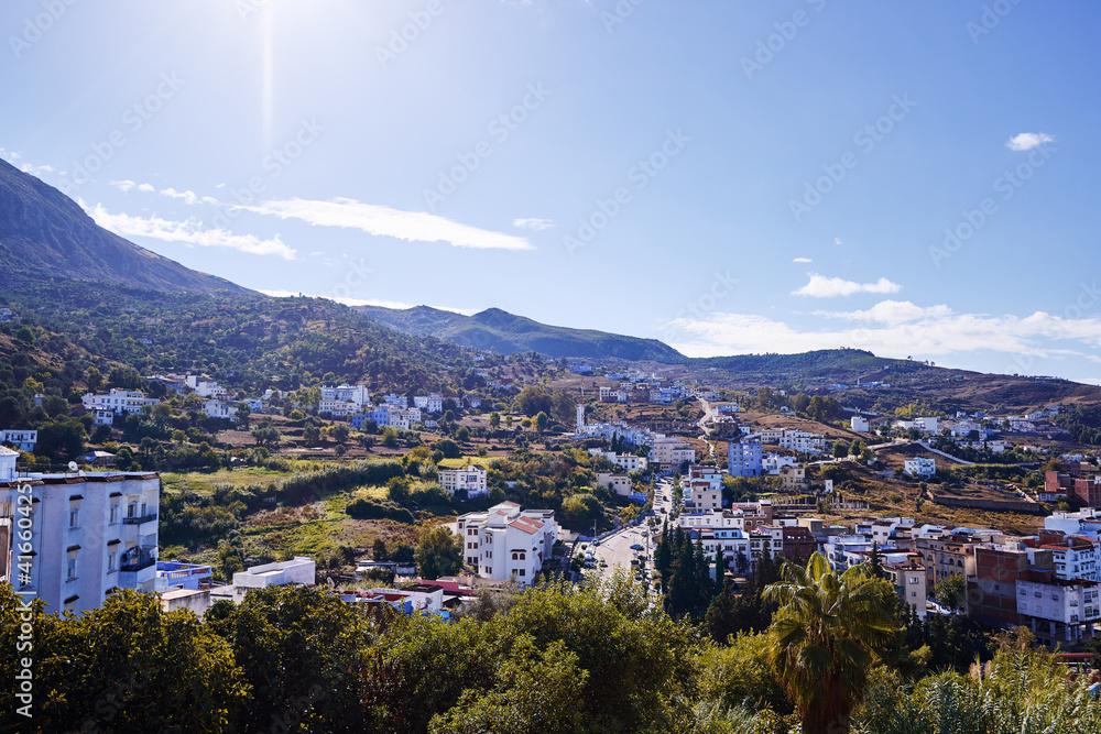 Chefchaouen panorama, blue city skyline on the hill, Morocco.