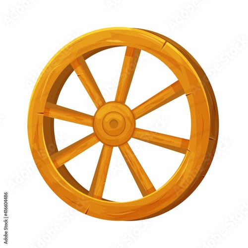 Wooden wheel in cartoon style, textured and detailed isolated on white background. Wild west ui asset, rustic, rural object, ancient, vintage element stock vector illustration.