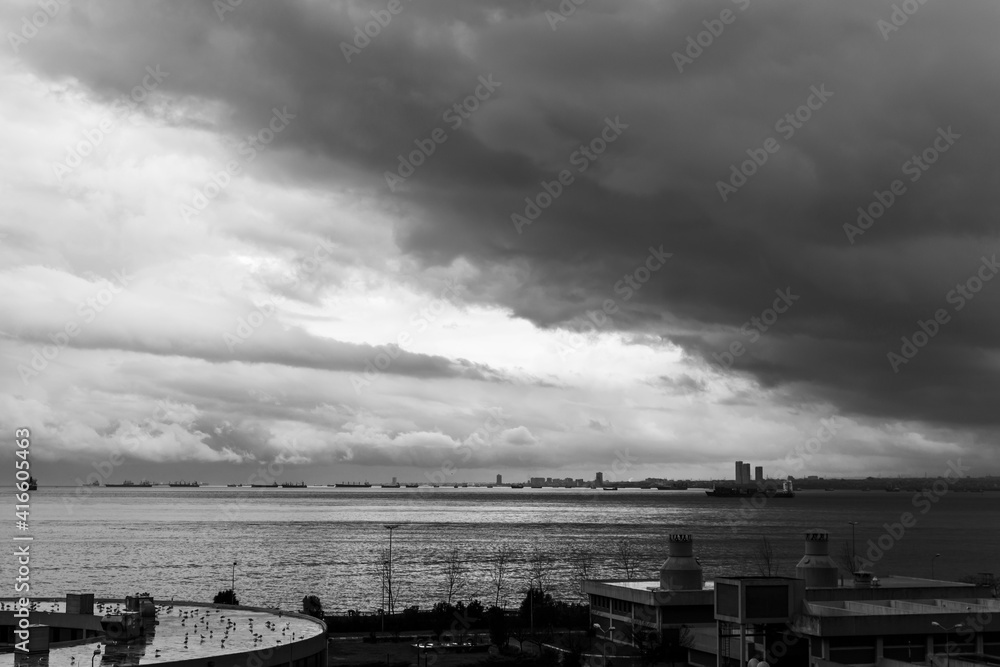Istanbul silhouette, sky landscape. Black and White
