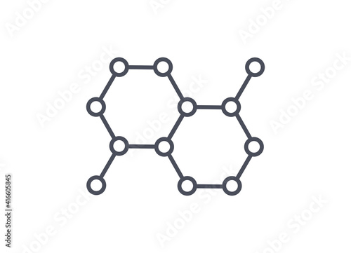 Organic molecule structure web icon for science laboratory or chemistry themes showing the spatial orientation of chemical bonds and atoms, line drawn vector illustration isolated on white background