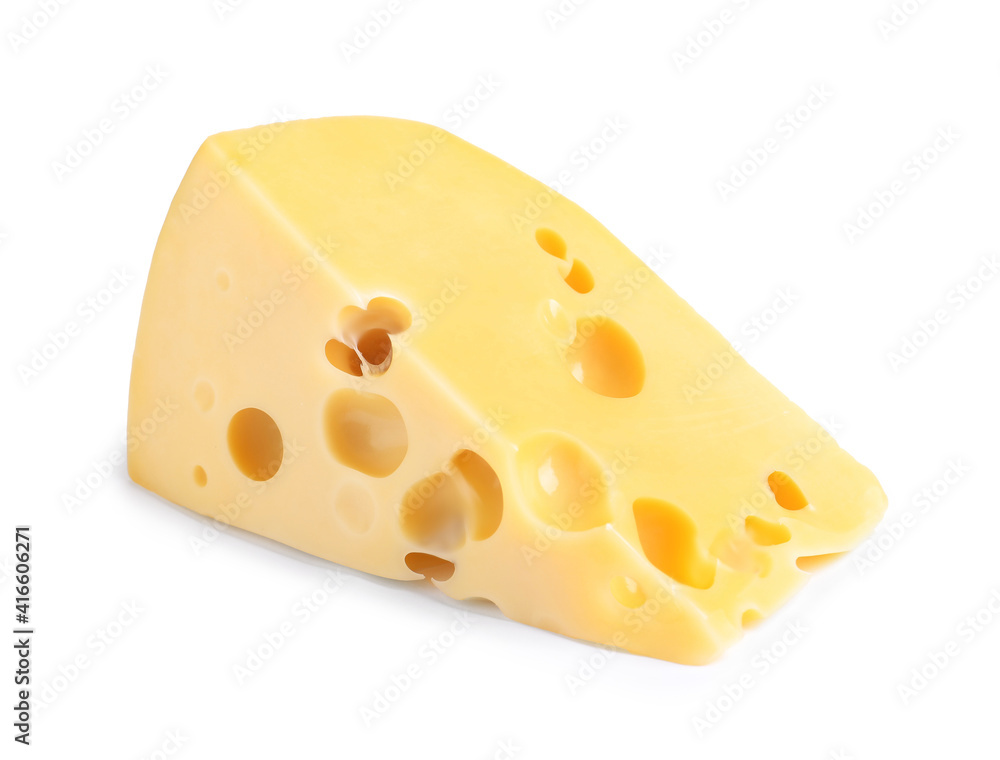 Piece of cheese with holes isolated on white Piece of cheese with holes isolated on white