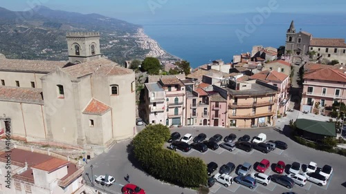 View from the drone of Forza D'Agr? in the province of Messina in Sicily with the Ionian coast and Calabria in the background 