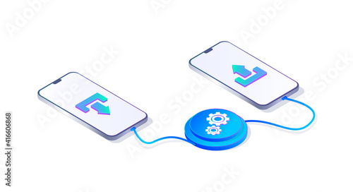 Data processing, transfer of information, data. Update, download the phone. Vector illustration