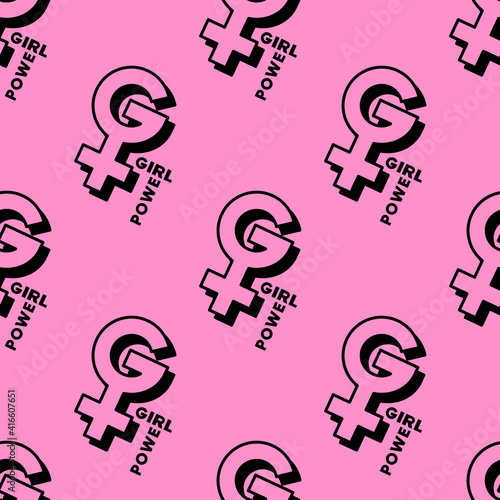 Girl power seamless pattern with female symbols on pink background. Bright pink background with woman gender symbols