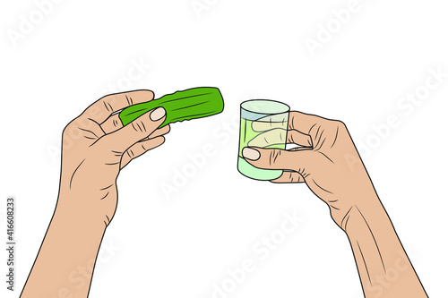 Hands hold a glass of vodka and pickled cucumber. Vector stock illustration eps10. Isolate on white background
