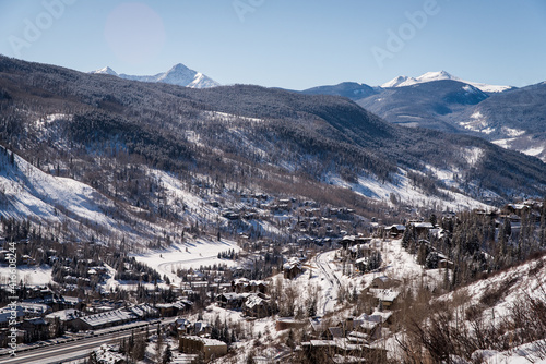 Snow covered mountain peaks in Vail, Colorado. 