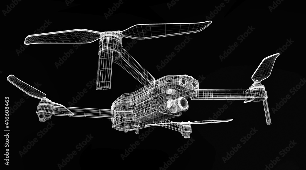 Drone 3D model on black background