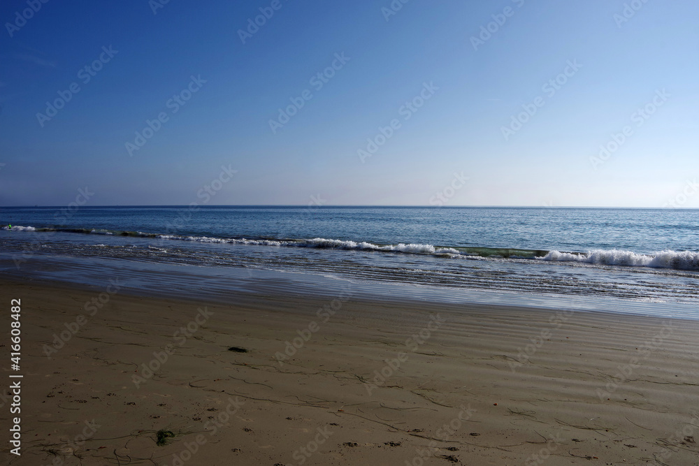 Panoramic view of the beach and Pacific ocean in Santa Barbara on a day in November