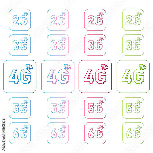 2g, 3g, 4g, 5g, 6g icon set for internet and phone. Vector illustration isolated on white background.
