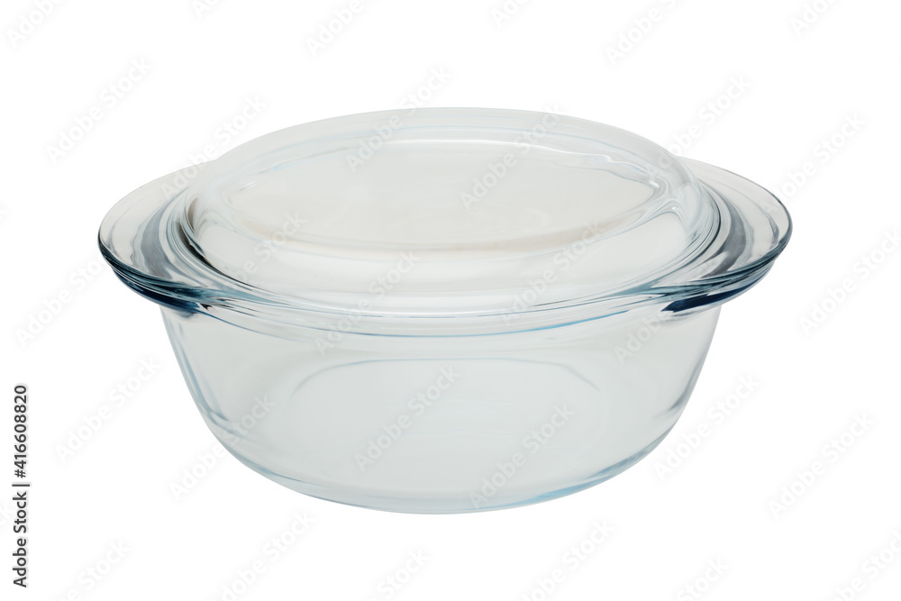 glass casserole for baking and cooking closed with a glass lid on a white background glass casserole for baking and cooking closed with a glass lid on a white background