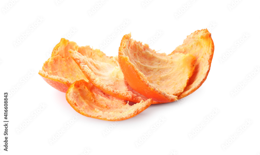 Tangerine peel on white background. Composting of organic waste Tangerine peel on white background. Composting of organic waste
