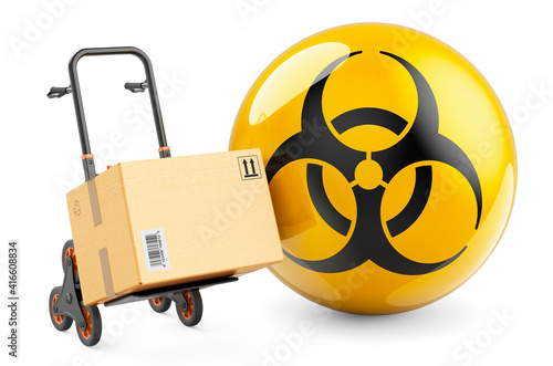 Parcel on the hand truck with biohazard symbol. 3D rendering photo