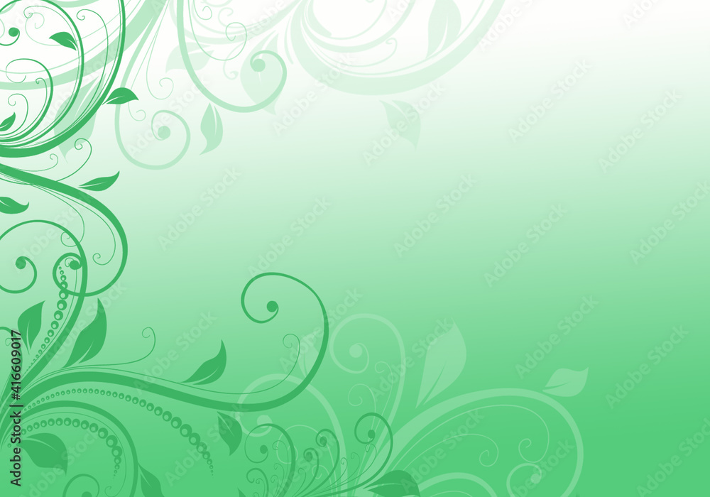 Elegant green and white background with swirls and little leaves and space for your text. Spring illustration. Elegant green and white background with swirls and little leaves and space for your text. Spring illustration.