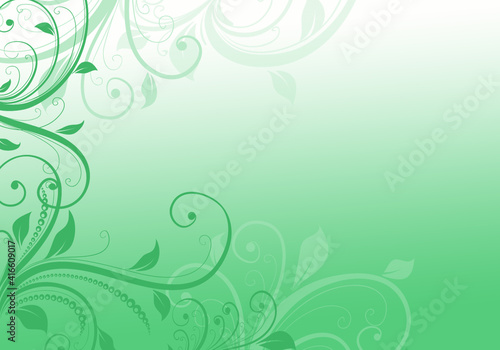 Elegant green and white background with swirls and little leaves and space for your text. Spring illustration.