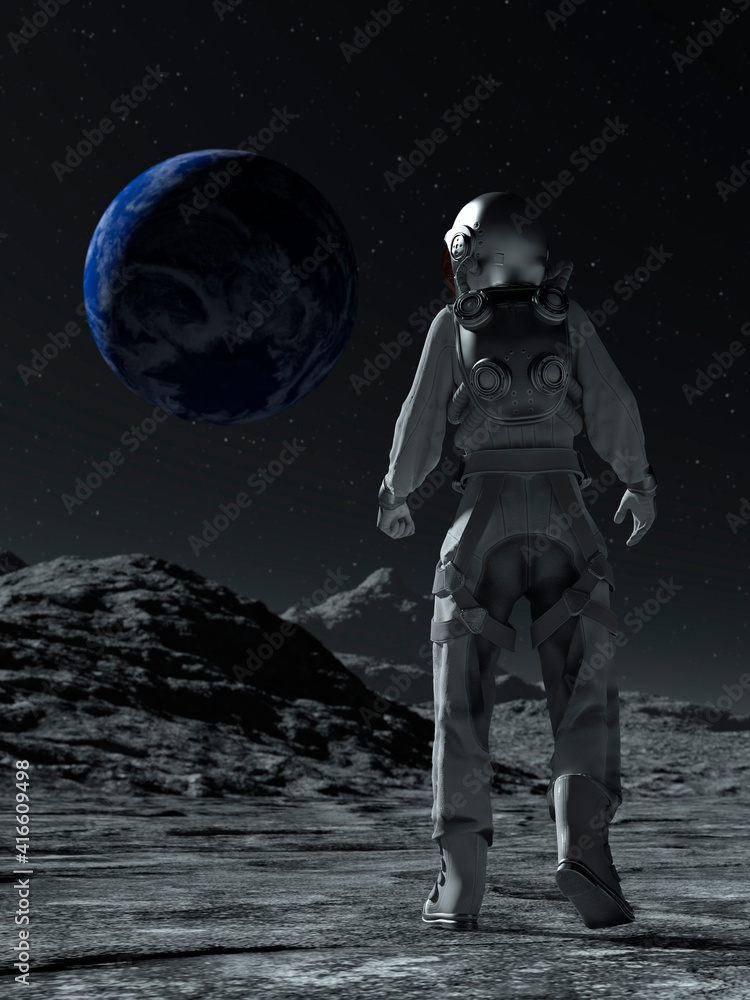 Astronaut at the spacewalk on the moon looking at the earth. Astronaut at the spacewalk on the moon looking at the earth.