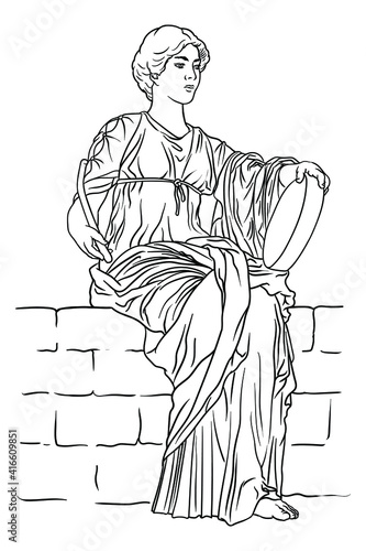 An ancient Greek young woman with a tambourine and a beater in her hands sits on a stone parapet.
