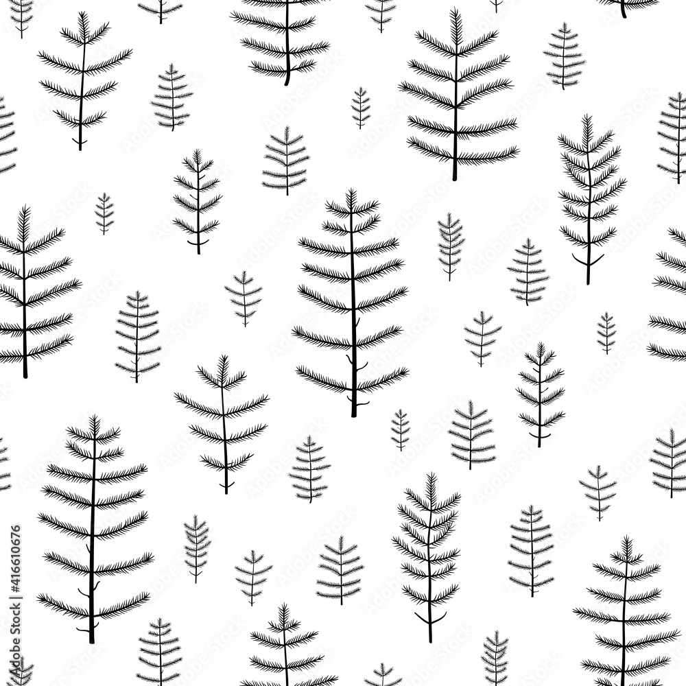 Seamless black and white pattern with pine trees