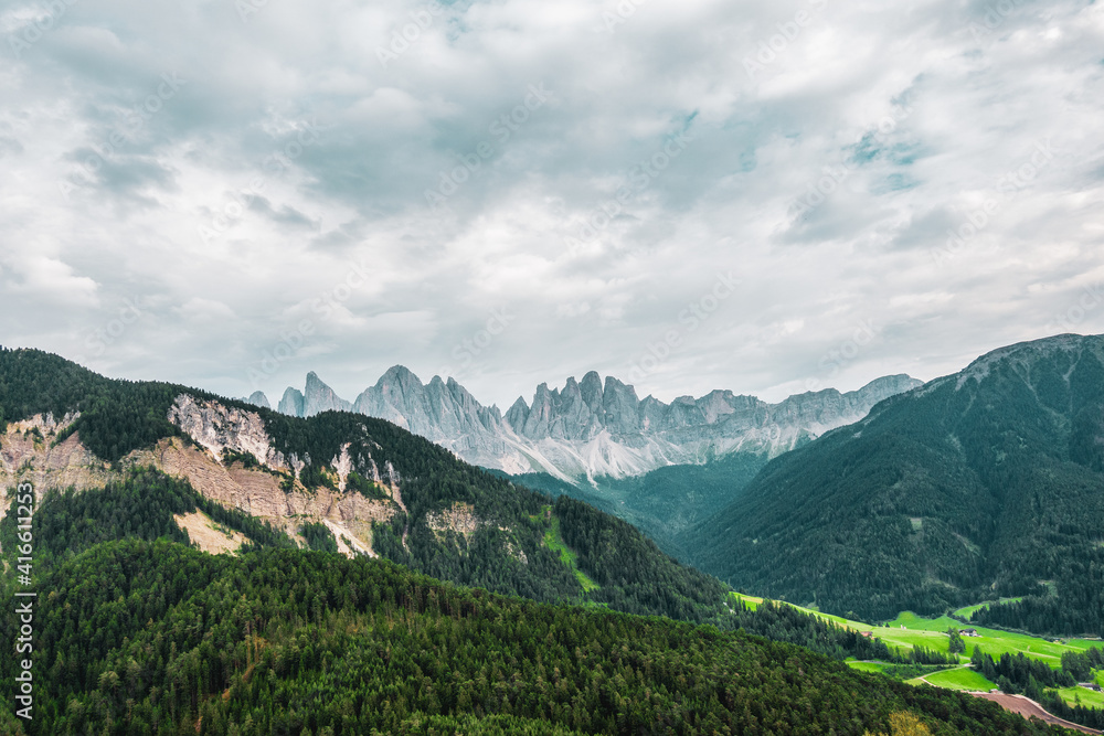 Panoramic view of the Odle mountain peaks, Italy.