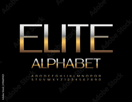 Vector Elite Alphabet. Metallic elegant Font. Gold and Silver Letters and Numbers set