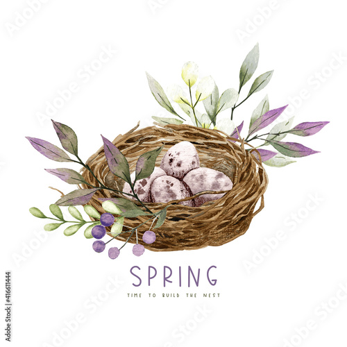 Berd nest with eggs, flowers and greenery