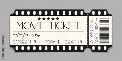 Cinema ticket template mockup with barcode. Vector illustration of realistic show admission in retro style. Vintage performance ticket or coupon design