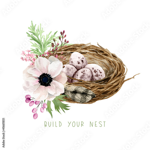 Berd nest with eggs, flowers and greenery