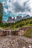 panoramic view of the Odle mountain peaks, Italy.