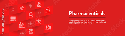 Pharmaceuticals and medications icon set w web header banner