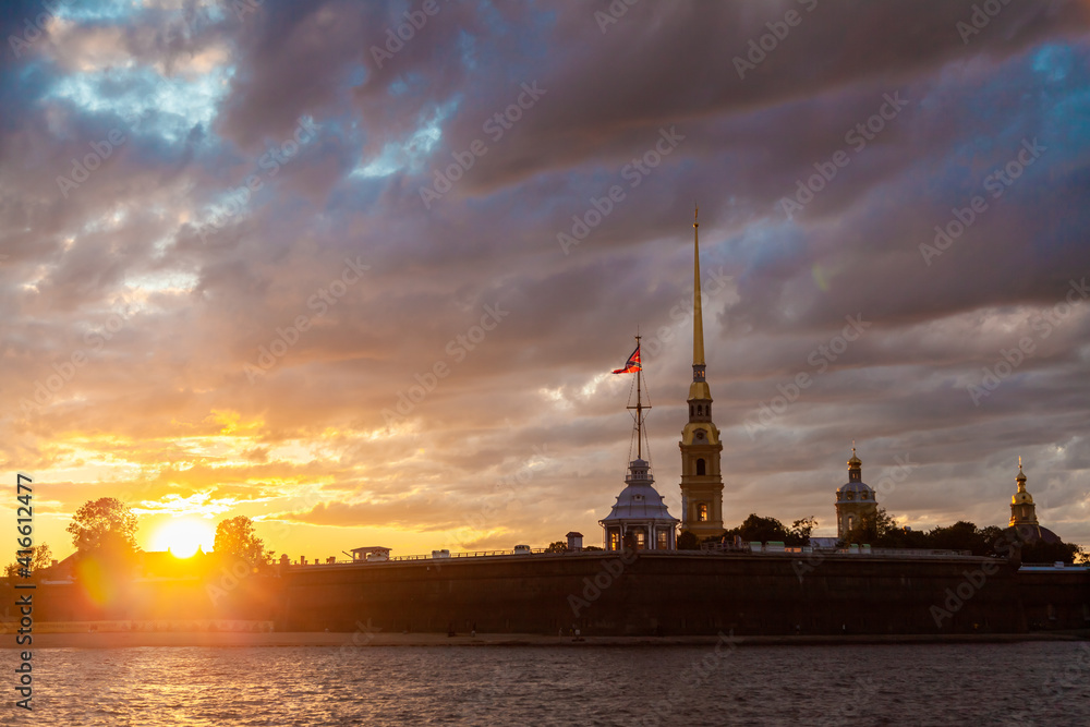 Russia. Saint-Petersburg. July 5, 2015. Peter and Paul Fortress in the evening sunset.