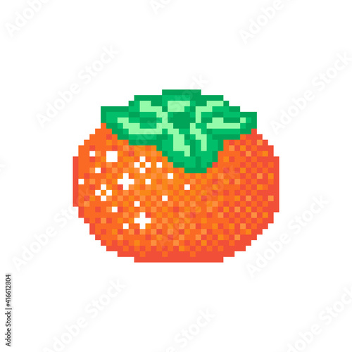 Pixel art persimmon icon. Vector 8 bit gaming style illustration of persimmon. Pixel retro picture of hurma. Tangerine like Oriental persimmon mosaic symbol. Wheat of zeus vector
