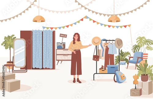 Smiling woman selling vintage clothes, plants, and furniture vector flat illustration. Second hand shop, flea market, or garage sale concept. Female character selling goods before movement.