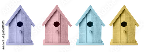 Canvas Print Set with different colorful bird houses on white background, banner design
