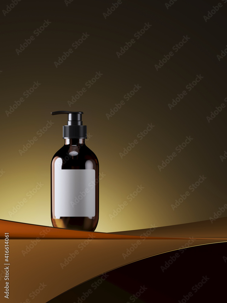 Minimal background for branding and product presentation. Cosmetic bottle and geometric curve on golden background. 3d rendering illustration. Clipping path of each element included.