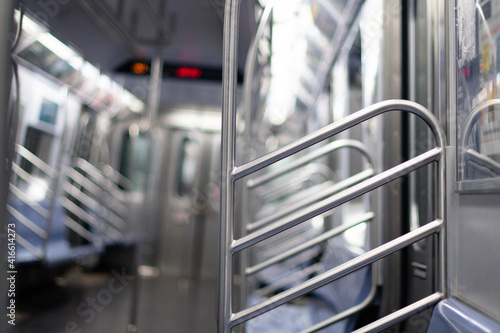 Inside a subway cart, empty train