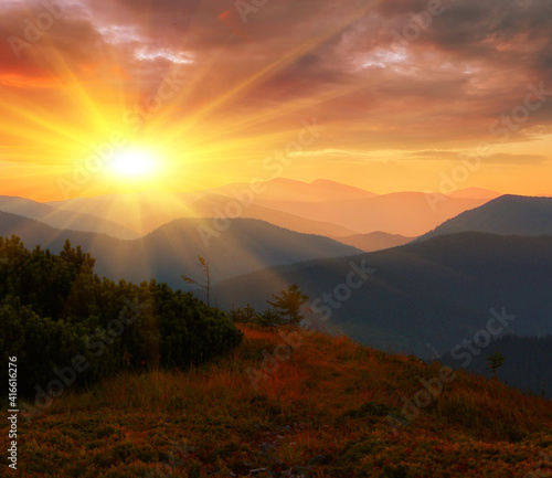 picturesque summer sunset view  natural sundown scenery  majestic evening landscape  beautiful nature background in the mountains  Carpathians  Ukraine  Europe 