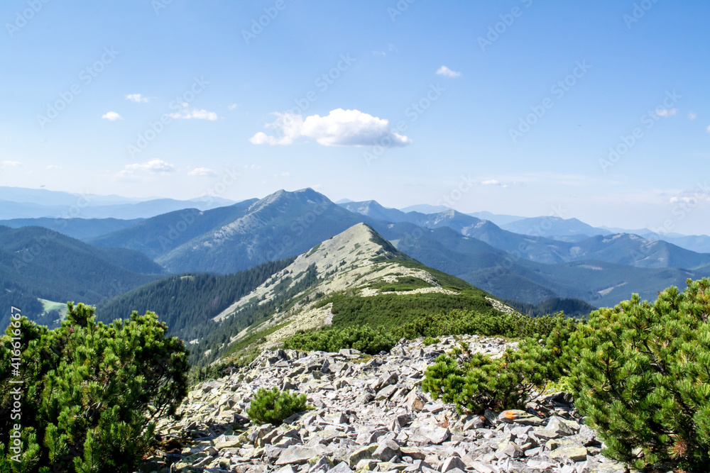 Beautiful landscapes of the Ukrainian Carpathians. View from the mountain Maly Gorgan and the mountain Sinyak.
